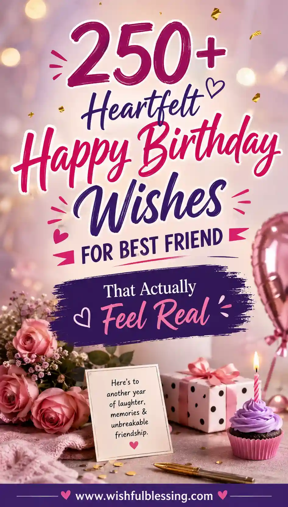 A birthday card with flowers, a pink heart balloon, and gifts. Text reads: 250+ Heartfelt Happy Birthday Wishes for Best Friend That Actually Feel Real. A note says: Heres to another year of laughter, memories & unbreakable friendship..
