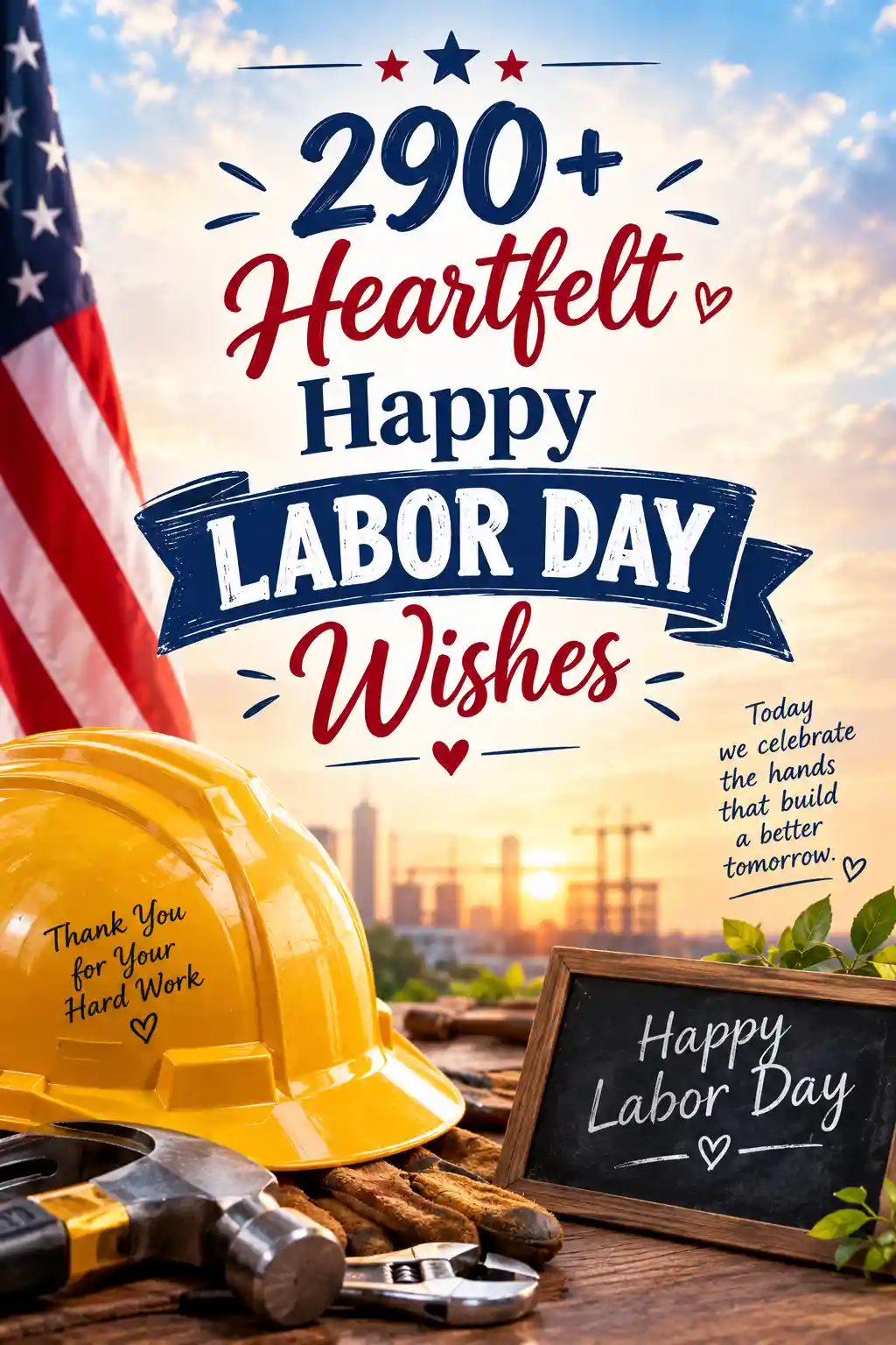 Yellow hard hat, gloves, and tools on a table with a chalkboard reading Happy Labor Day, an American flag, and an industrial background. Text above says 290+ Heartfelt Happy Labor Day Wishes..