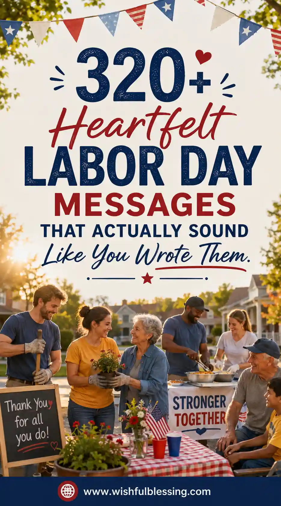A group of people celebrate outdoors with food and flowers. Text reads, 320+ heartfelt Labor Day messages that actually sound like you wrote them. Flags and banners decorate the scene.