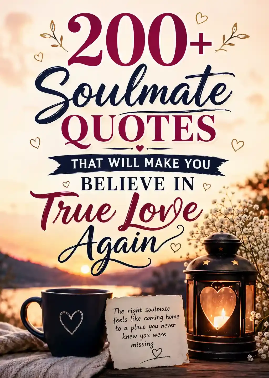 A mug, lantern with heart cutout, flowers, and note sit on a table at sunset. Text reads: 200+ Soulmate Quotes That Will Make You Believe in True Love Again..